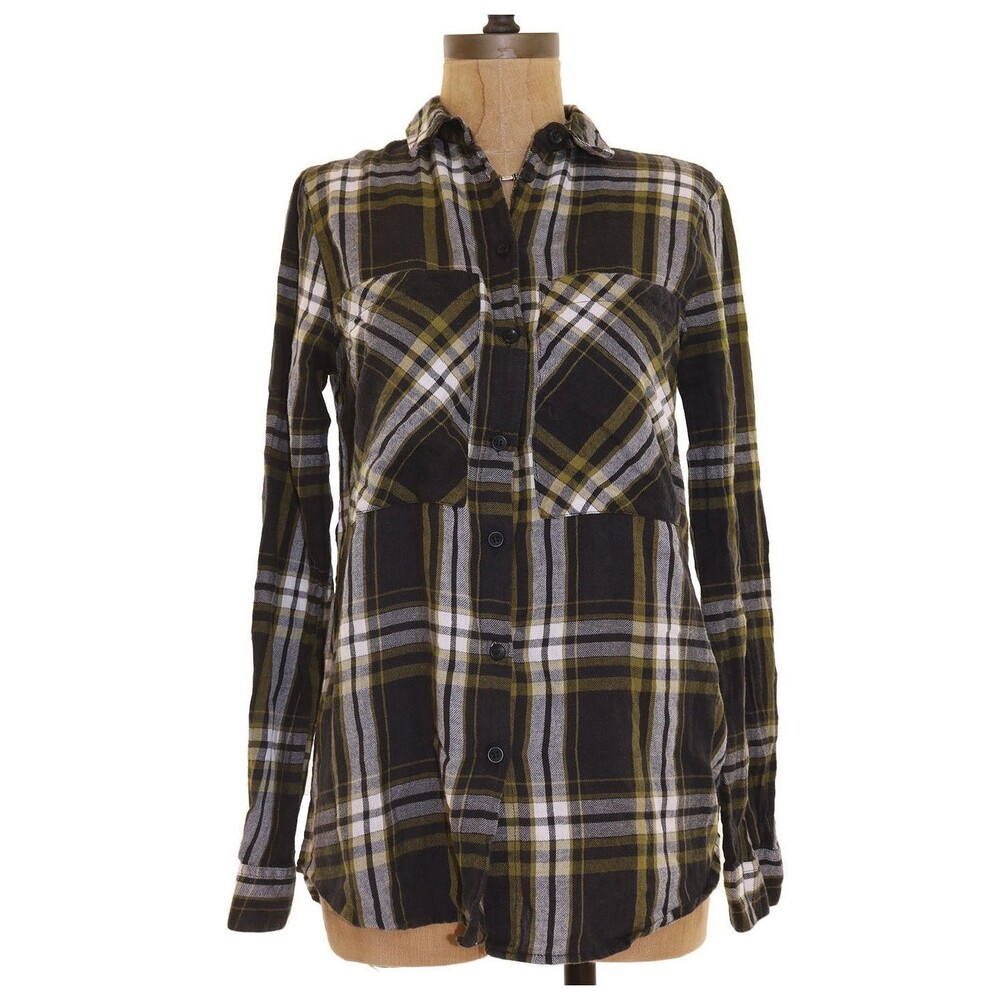Topshop Nordstrom Sam Top 4 Button Up Plaid Olive Green Essential EUC B76